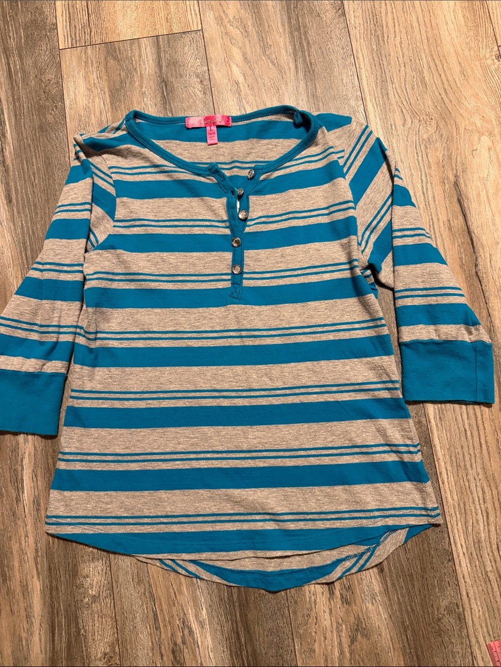 Girls' Striped Henley Top in Teal and Gray by